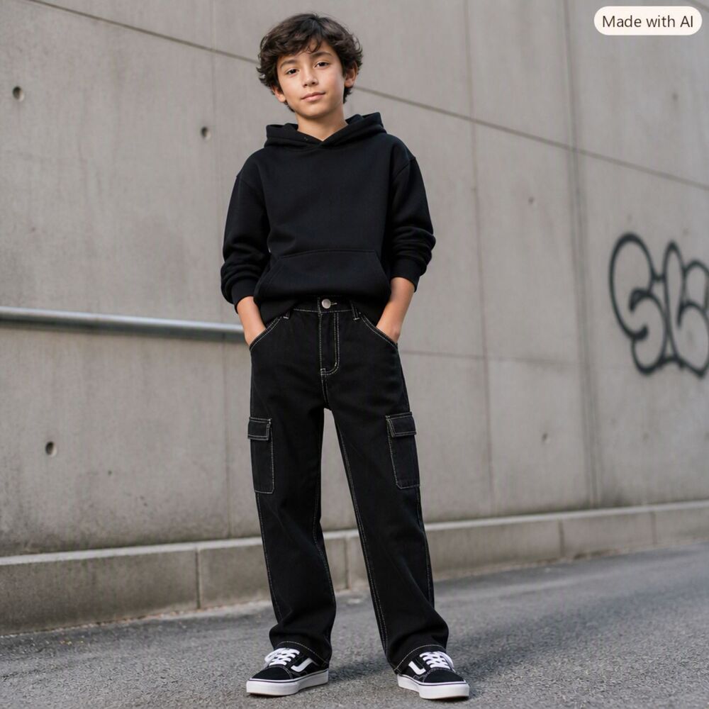 Black Cargo Jeans 24W 26.5L Contrast Stitch Streetwear Kids Unisex